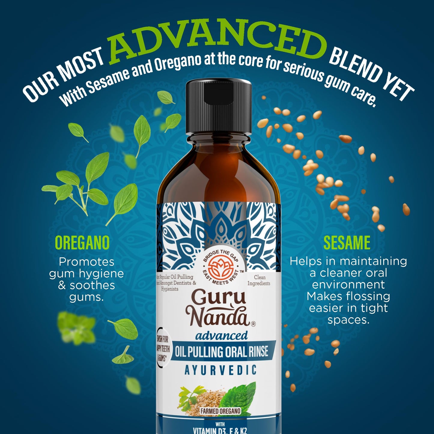 GuruNanda Advanced Oil Pulling Mouthwash for Enhanced Oral Care with Sesame & Oregano Oil, Promotes Deep Cleaning for Healthy Teeth & Gums, with Toothbrush and Tongue Scraper, Alcohol-Free, 8 Oz