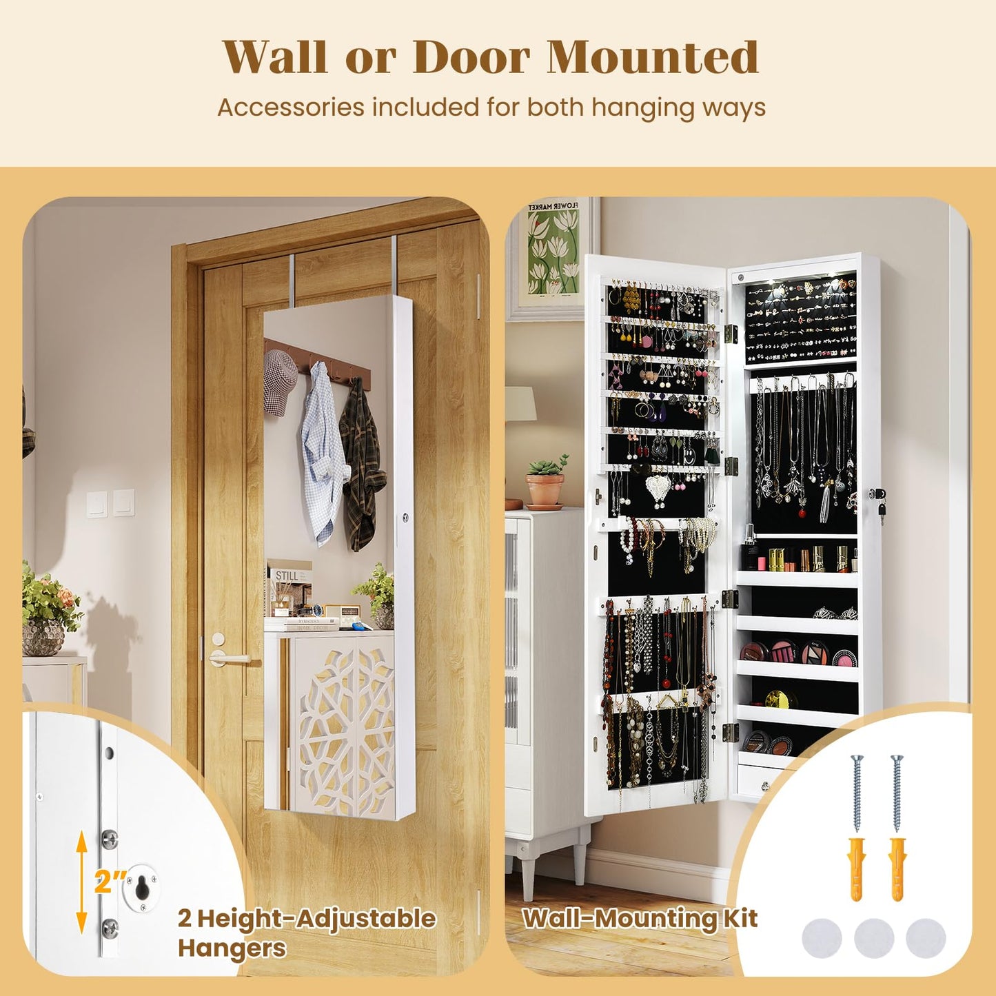Giantex Wall Door Mounted Jewelry Armoire Cabinet with 47.5" Full Length Mirror, 2 LEDs Lockable Jewelry Organizers and Storage with 2 Drawers, Over the Door Jewelry Organizer Cabinet (White)