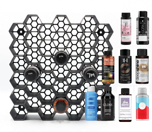 Markvicka Designs Large Bottle Organizer for Shades EQ, Lumishine, Gloss Toner, Deepshine Xpress, Colorance, Demi-Permanent, Igora Vibrance | Hexagon Organizer | Stackable & Wall-Mount Salon Decor