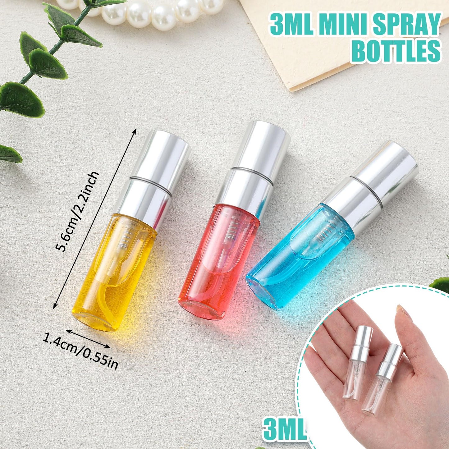 Zhehao 50 Pcs Mini Spray Bottles 3 ml Clear Glass Perfume Bottles Refillable Fine Mist Perfume Atomizer Portable Empty Sample Containers for Cleaning, Essential Oils, Travel (Silver Cap)