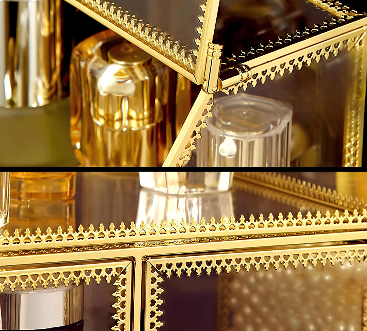 UShioart Large Glass Makeup Organizer Drawer Set Beauty Storage Bathroom Counter Organizer Cosmetic Display with Pearl (16in)