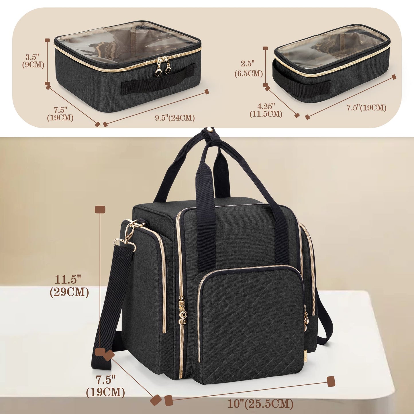 LUXJA Travel Makeup Bag with 4 Inner Removable Cases, Large Cosmetic Bag with Multiple Storage Sections (Patent Design, Bag Only), Black