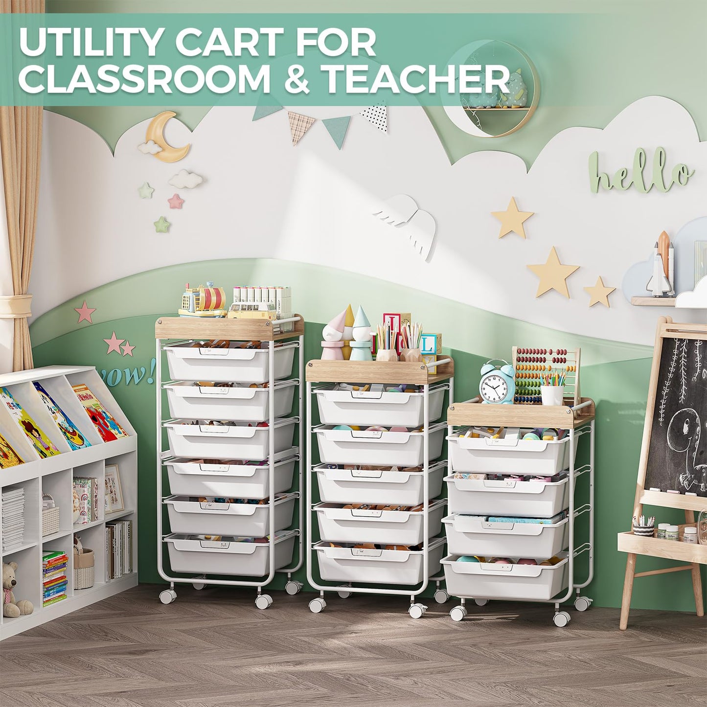 Utility Cart with Drawers,Craft Cart with 5 Drawers,Art Supply Organizer,Rolling Drawer Cart,Craft Storage Cart,Storage Drawer Carts With DIY Lable and Wooden Tabletop Area,White