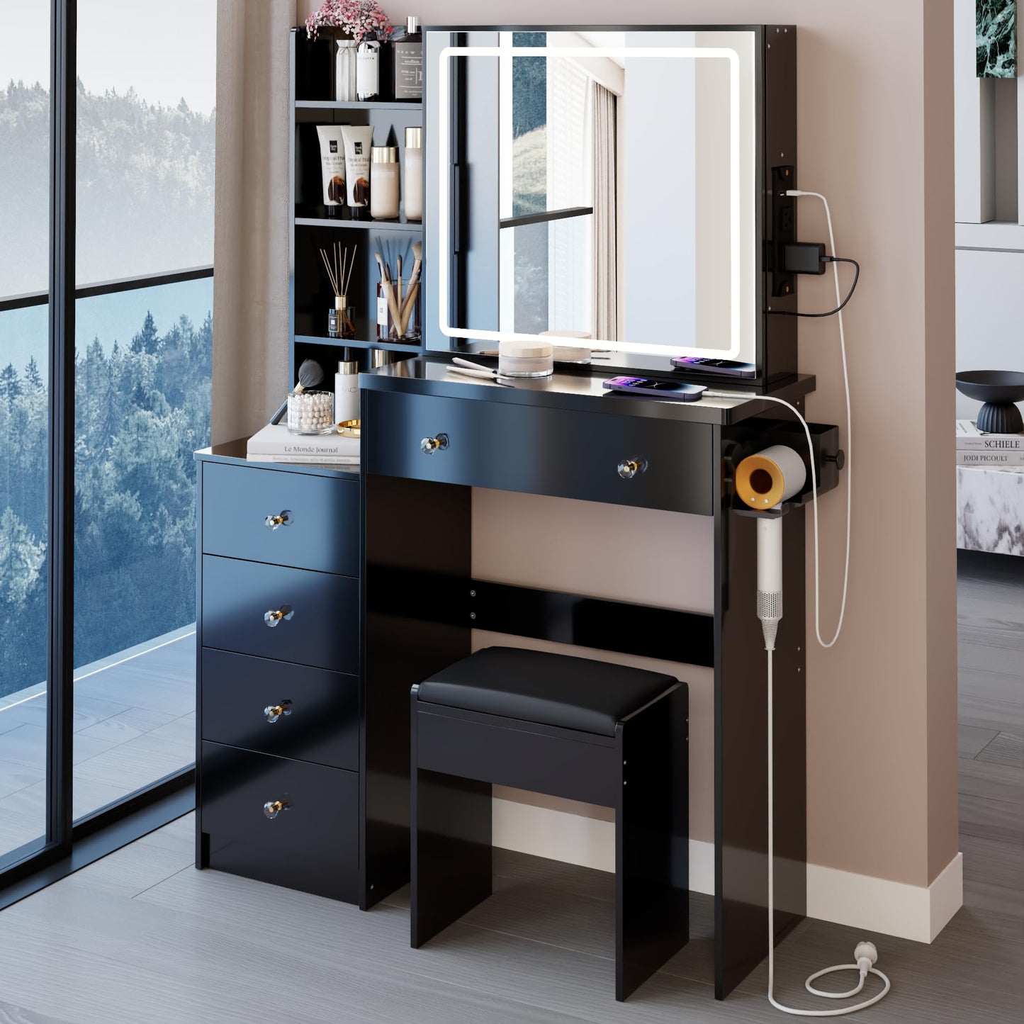 KEIKI Makeup Vanity Desk with Sliding Mirror and Lights, 37" Vanity Table Set with Charging Station, 5 Drawers & Hair Dryer Holder, Dressing Table with Storage Shelves and Cushioned Stool, Black