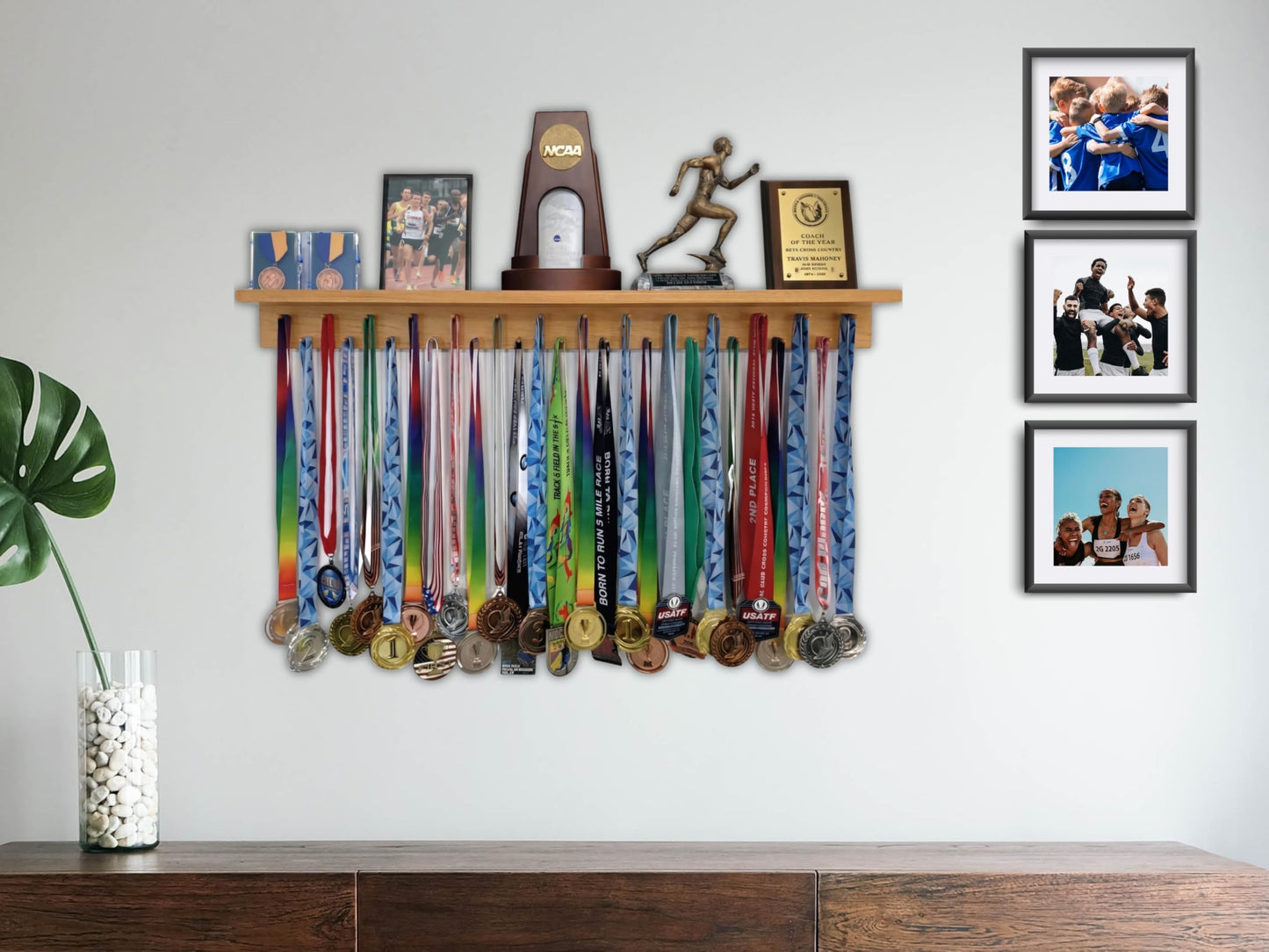 MedalAwardsRack 3ft- Ultimate Medal Hanger Display and Trophy Shelf - Multi-Sport Trophy and Medal Holder for Medal Display, Plaques, Pictures, Trophies and more. Solid Wood - Large 36" - Walnut