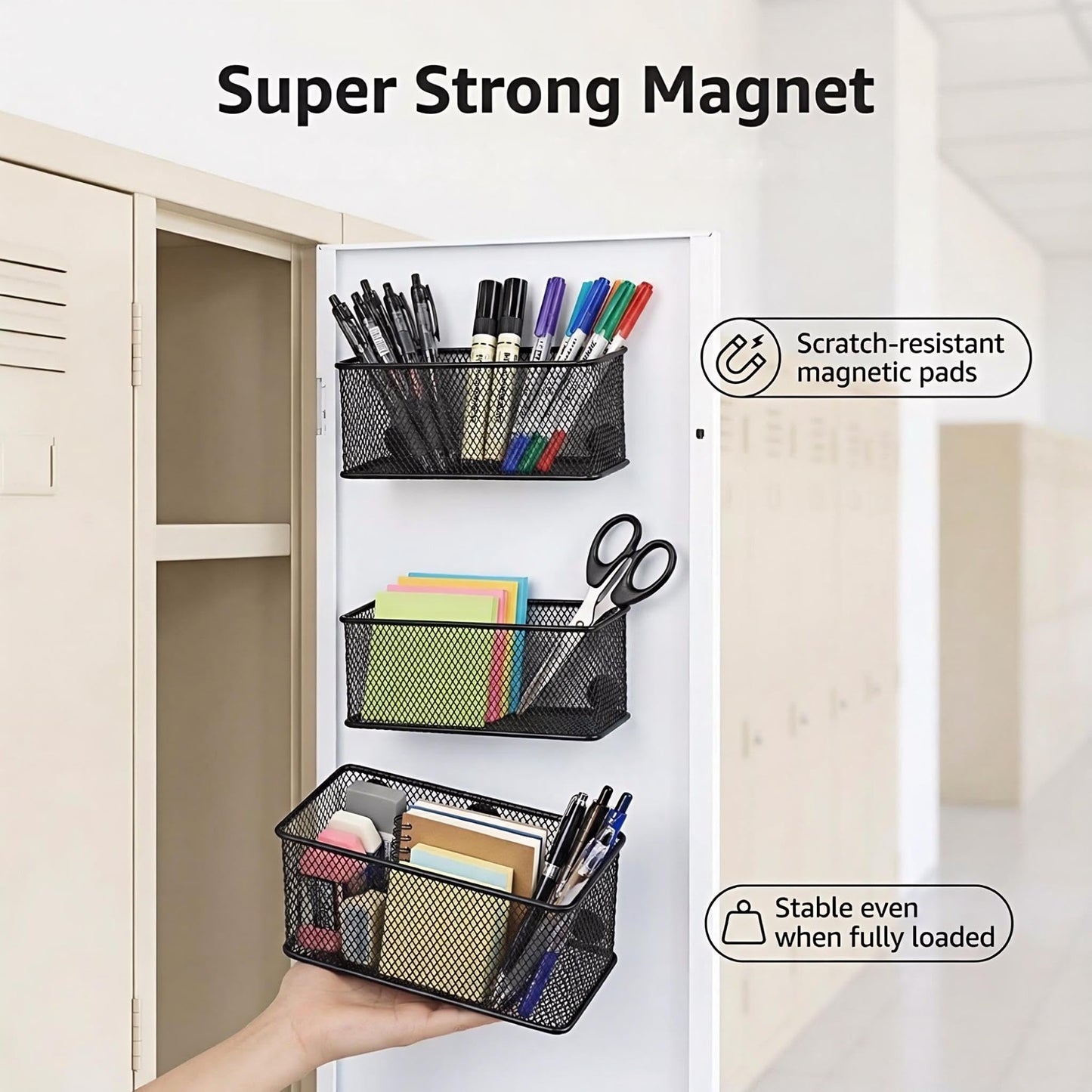 Neudeco Magnetic Locker Organizer, Wire Mesh Storage Baskets, Black