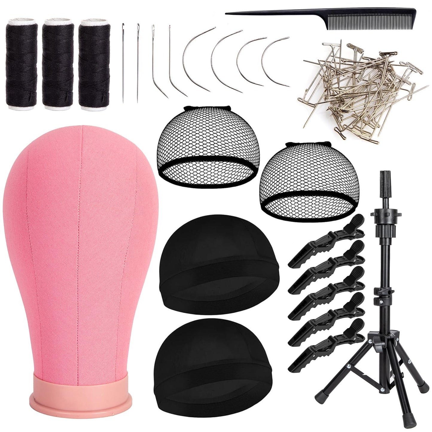 koskusder 22 Inch Wig Head Canvas Head with Stand Cork Canvas Mannequin Head with Wig Head Stand Manikin Head Block Set for Wigs Trimming Making Display with T Pins Set (Pink)