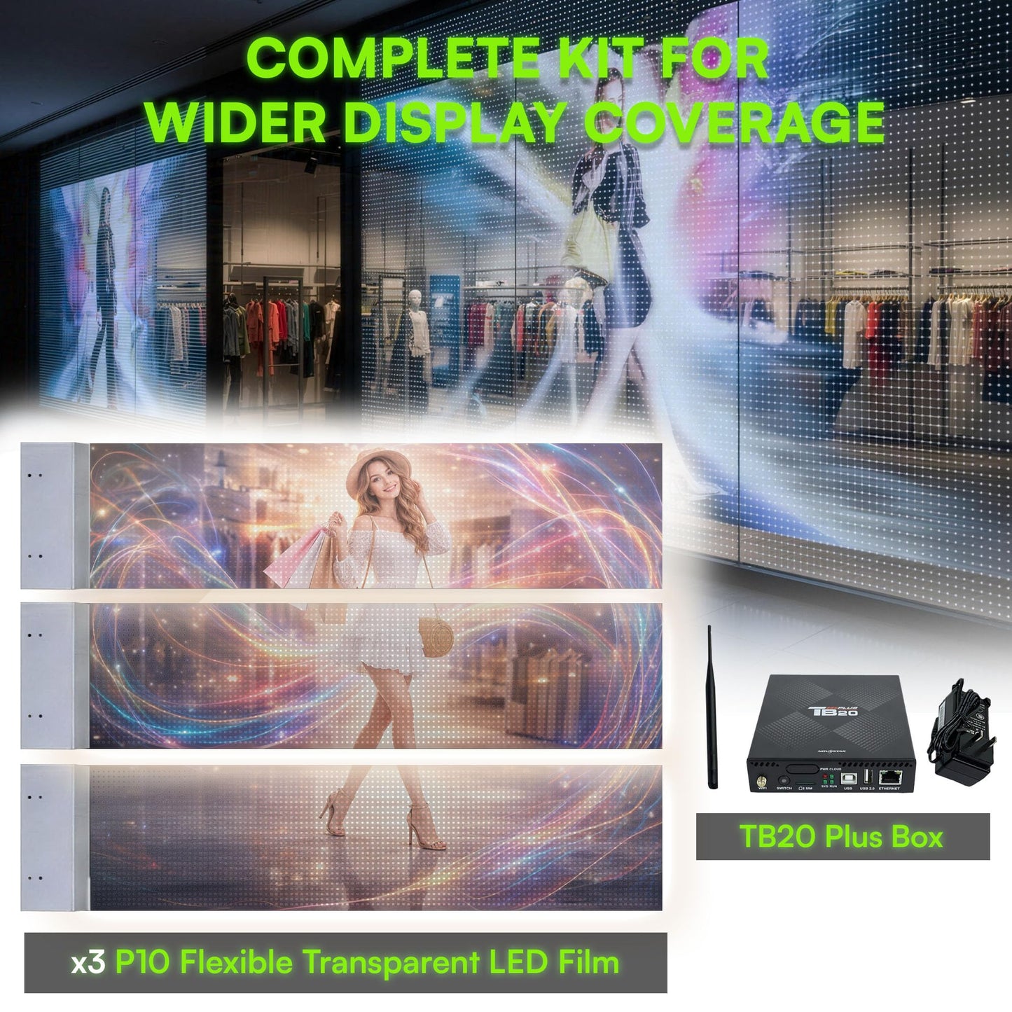 P10 Transparent Flexible LED Film Display for Storefront Windows and Retail Advertising | Directly Applies to Existing Glass Surfaces | Sunlight Visible Screen | Self-Adhesive (3 of P10 plus TB20)