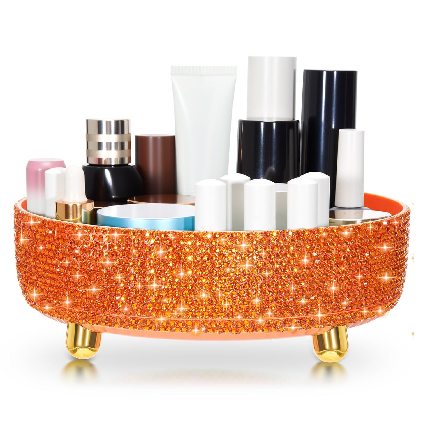 Honeydak Orange Bling Perfume Makeup Organizer Bling Mother's Day Nurses Day Gifts for Women Bathroom Organizers and Storage 360 Rotating Makeup Organizer for Countertop(Resin Stone)