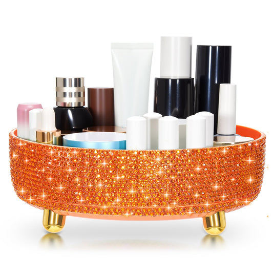Honeydak Orange Bling Perfume Makeup Organizer Bling Mother's Day Nurses Day Gifts for Women Bathroom Organizers and Storage 360 Rotating Makeup Organizer for Countertop(Resin Stone)