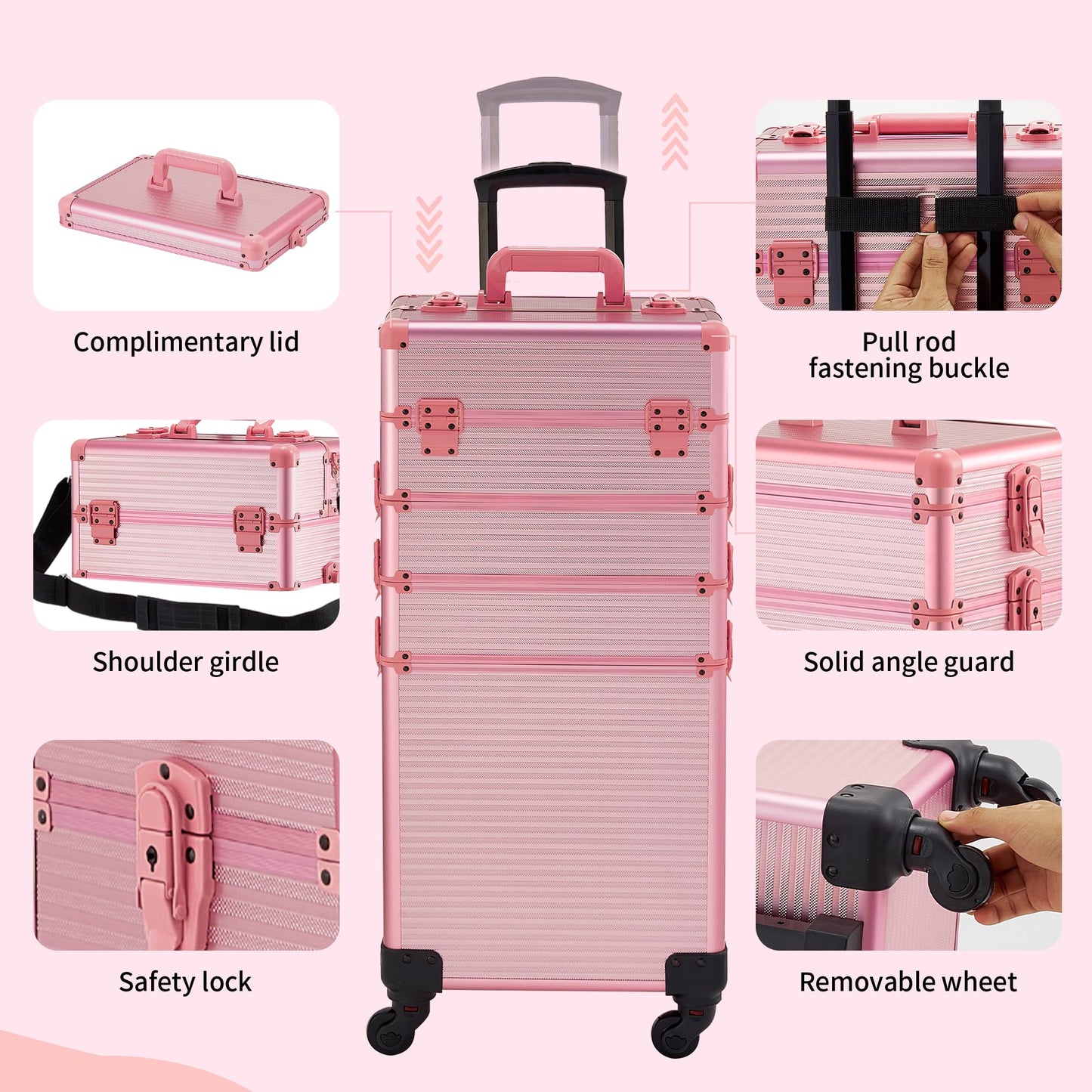 GALHUBIS Rolling Makeup Case, Makeup Train Case with Lid, 5 in 1 Cosmetology Case on Wheels, Christmas Gift, Large Makeup Case Organizers, Profesional Cosmetic Case for Salon Barber, Pink
