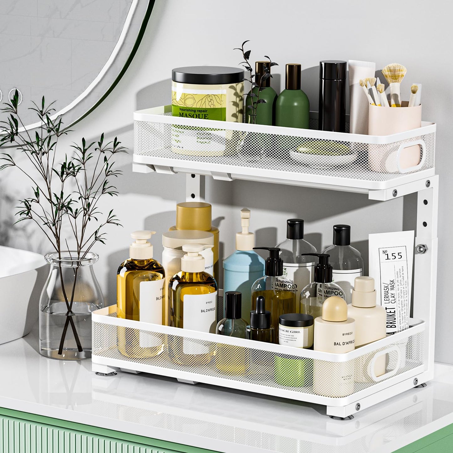 Dolesman Under Sink Organizer, High Adjustable 2 Tier Under Sink Organizers and Storage, Slide out Metal Cabinet Organizers, Pull out Storage Drawer Shelf for Kitchen Bathroom Cabinet (1, White)