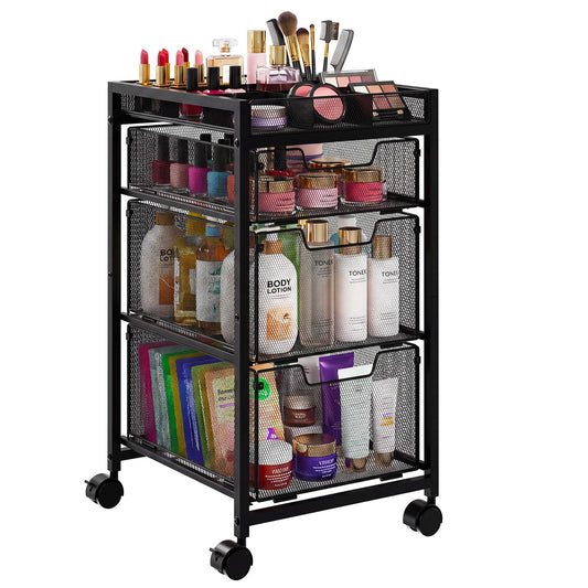 JKsmart Rolling Makeup Cart Organizer with 3 Drawers, Cosmetics Display with Dividers, Floor Skincare Storage with Wheels, Versatile Vanity Organizer for Nail Polish Perfume Brush Hair Tool, Black