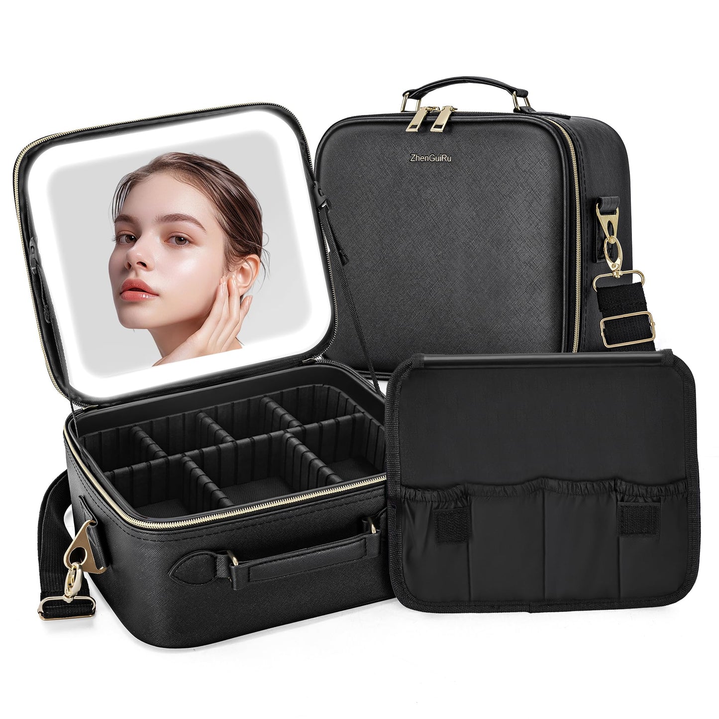 ZhenGuiRu Travel Makeup Bag with LED Mirror, Portable Cosmetic Case Organizer with Lighted Mirror, Waterproof Makeup Case for Cosmetic Brush Holder Storage, Black Toiletry Bag for Women Gift