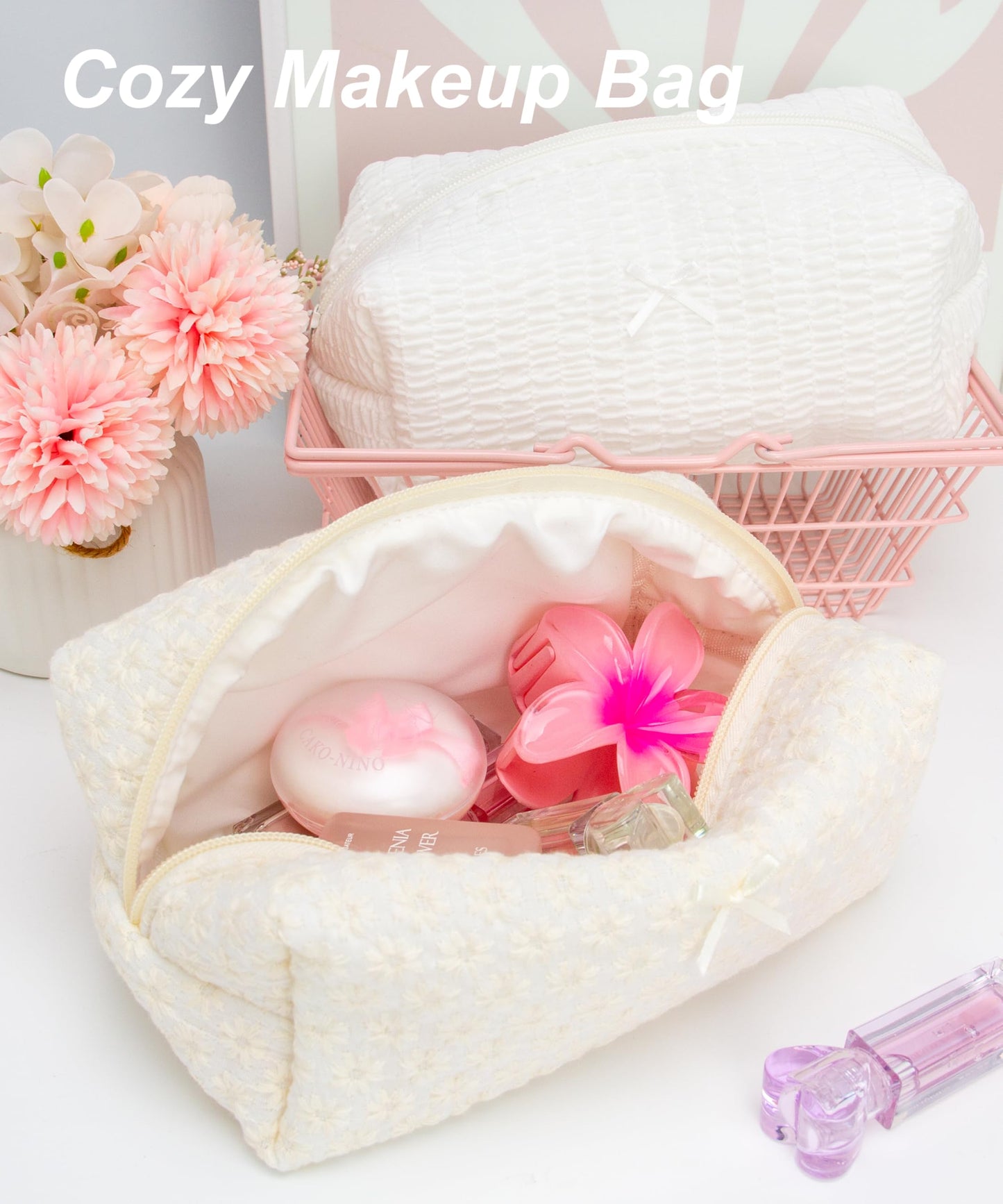 PAZIMIIK 6PCS Cozy Makeup Bag Small Aesthetic Travel Zipper Cosmetic Pouch for Women Make Up Beauty Accessories Brushes,Embroidery Daisy