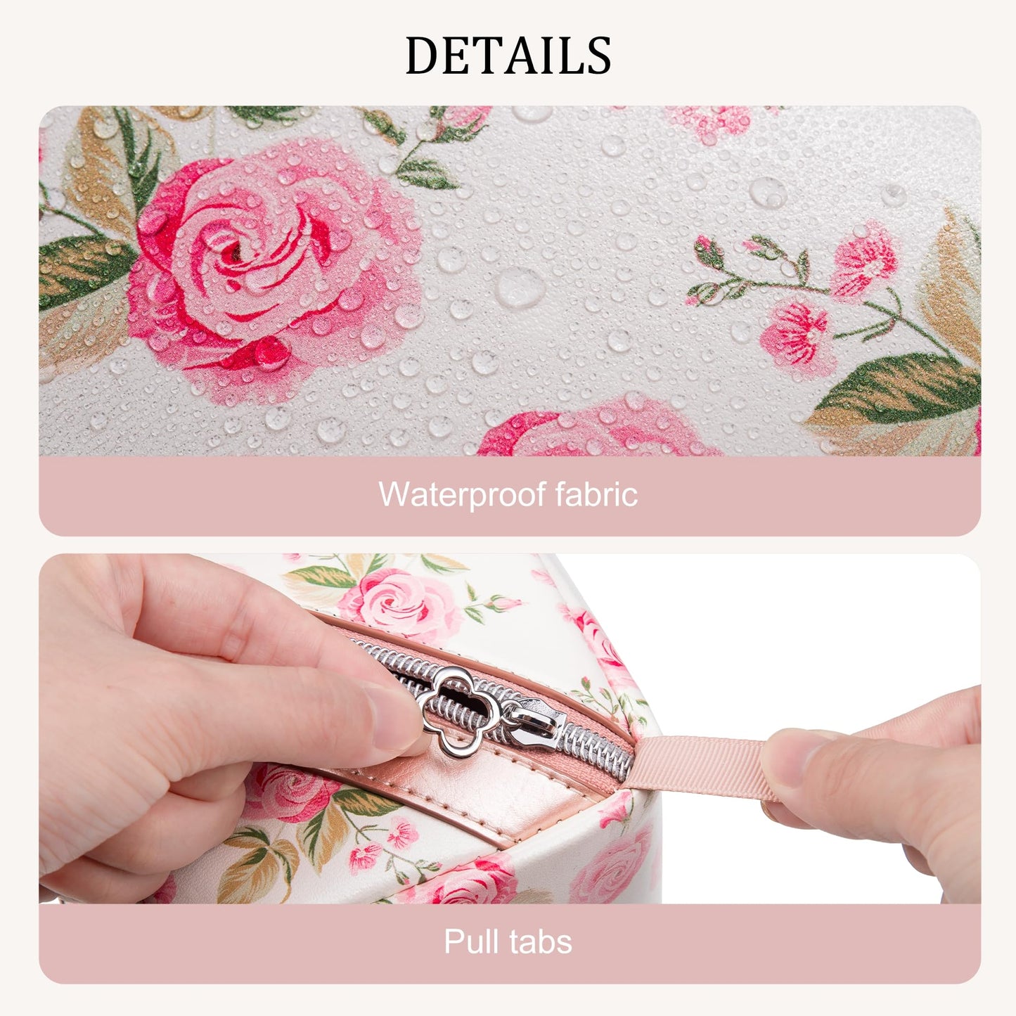 Mrsdry Travel Makeup Bag，Large-capacity waterproof cosmetic bag，Travel bags and toiletries bags for women，PU leather material，Multi-zone and large opening design (Rose Gold flower)