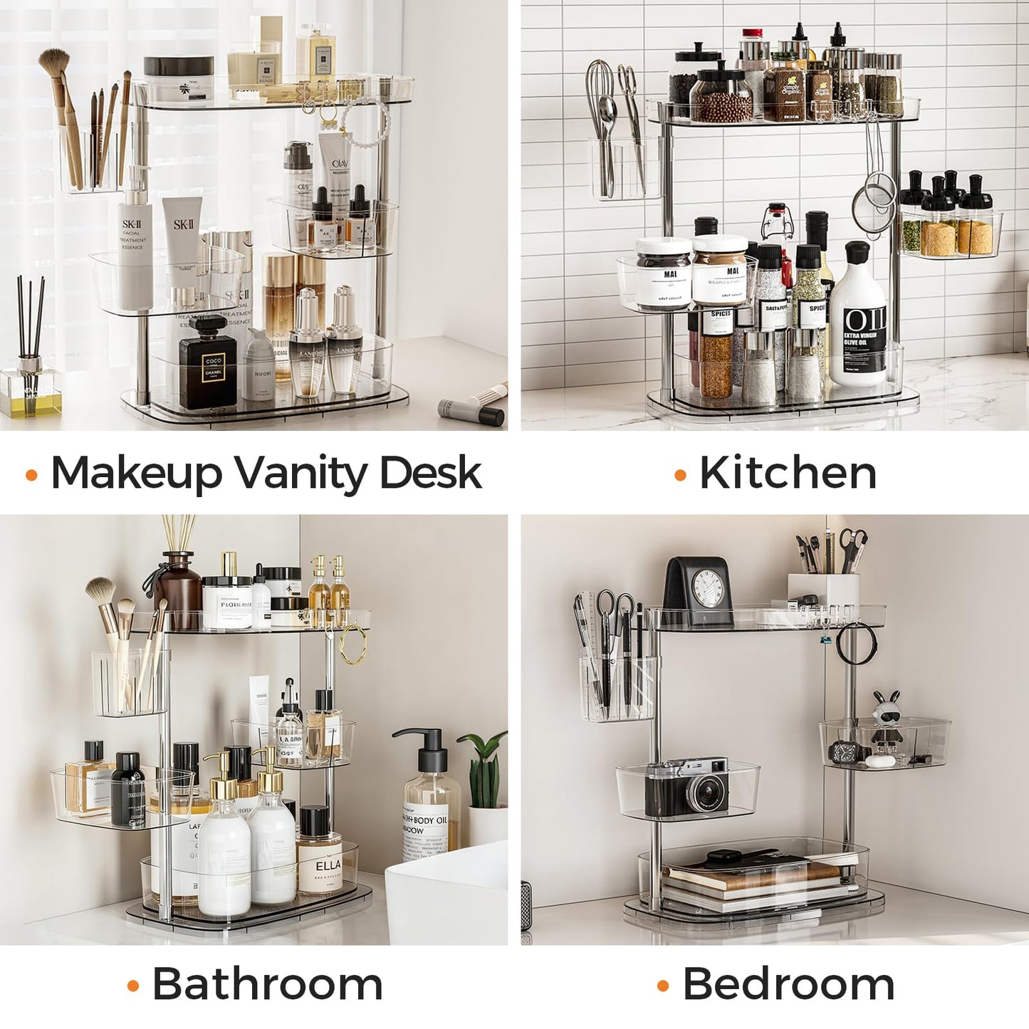 YOSHIONAL 360°Rotating Makeup Organizer,Makeup Organizer Countertop with Brush Holder and Perfume Stand,Bathroom Counter Organizer,Skincare Holder Stand for Vanity,Detachable Hanging Hooks