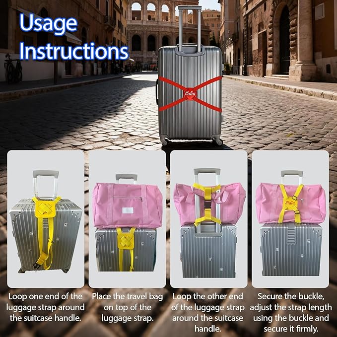 Personalized Luggage Straps Bag Bungee, 5 Pcs Custom Luggage Straps for Suitcases - Add a Bag Securely, Burst-Proof Elastic Travel Strap, High-Vis Luggage Connector Straps Adjustable 28"-95"