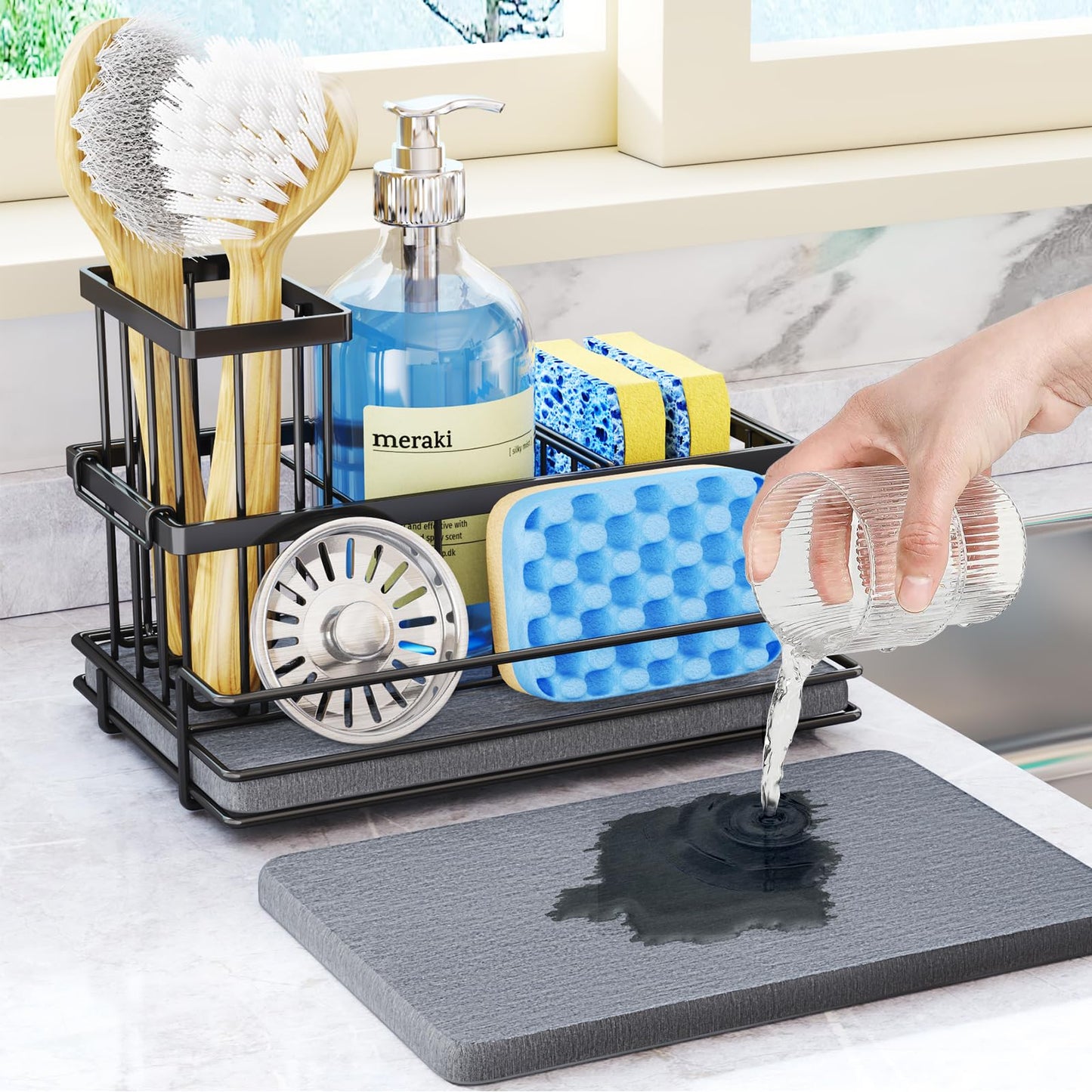 HapiRm Sink Caddy Sponge Holder - Kitchen Sink Organizer with Instant Drying Stone and Brush Holder, Stainless Steel Bathroom Counter Organizer - Black