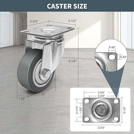 3 Inch Caster Wheels, Rubber Wheels Silent Castor- Set of 4 Heavy Duty Caster Wheels with Brake 1200Lbs, Industrial Plate Casters Wheels for Cart Furniture Workbench (2 Swivel & 2 Rigid)
