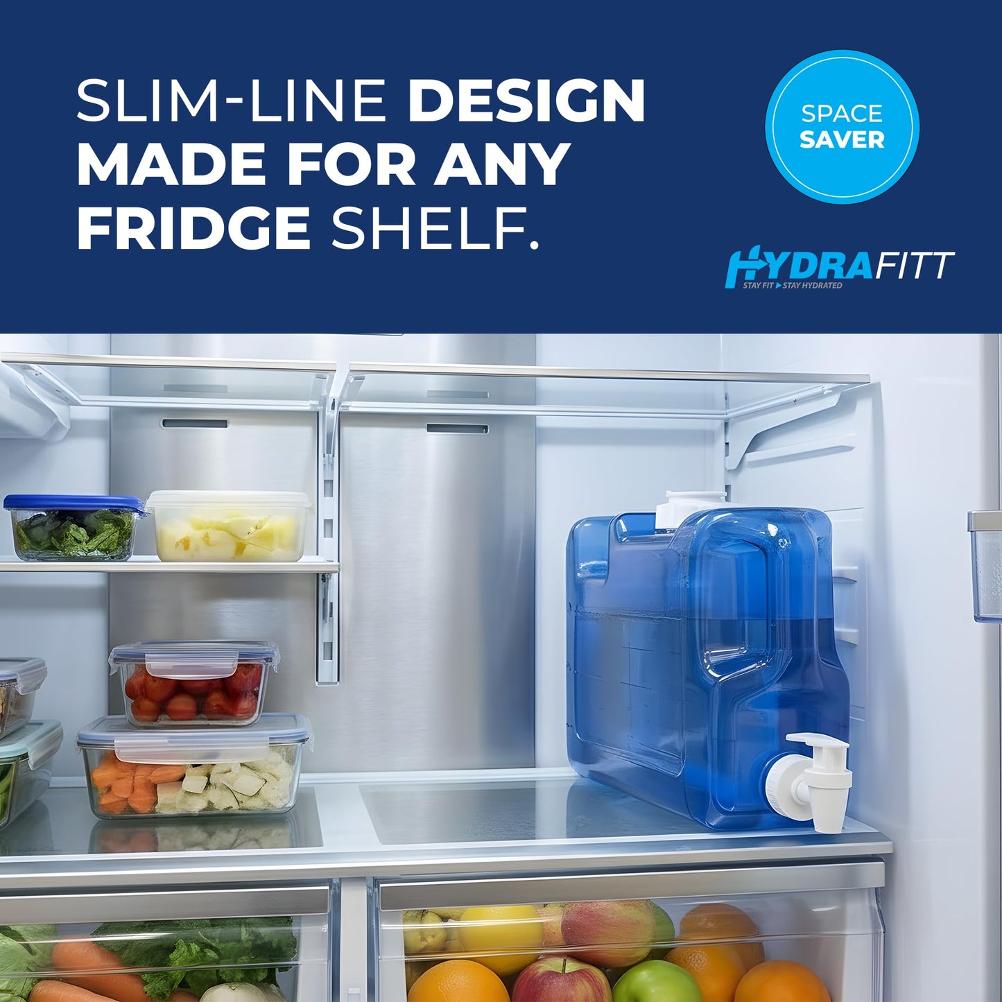 HydraFitt Refrigerator Water Dispenser 1.1 Gallon – Leak-Proof Slim Fridge Water Container with Spigot – BPA-Free Refillable Water Jug (Dark Blue)