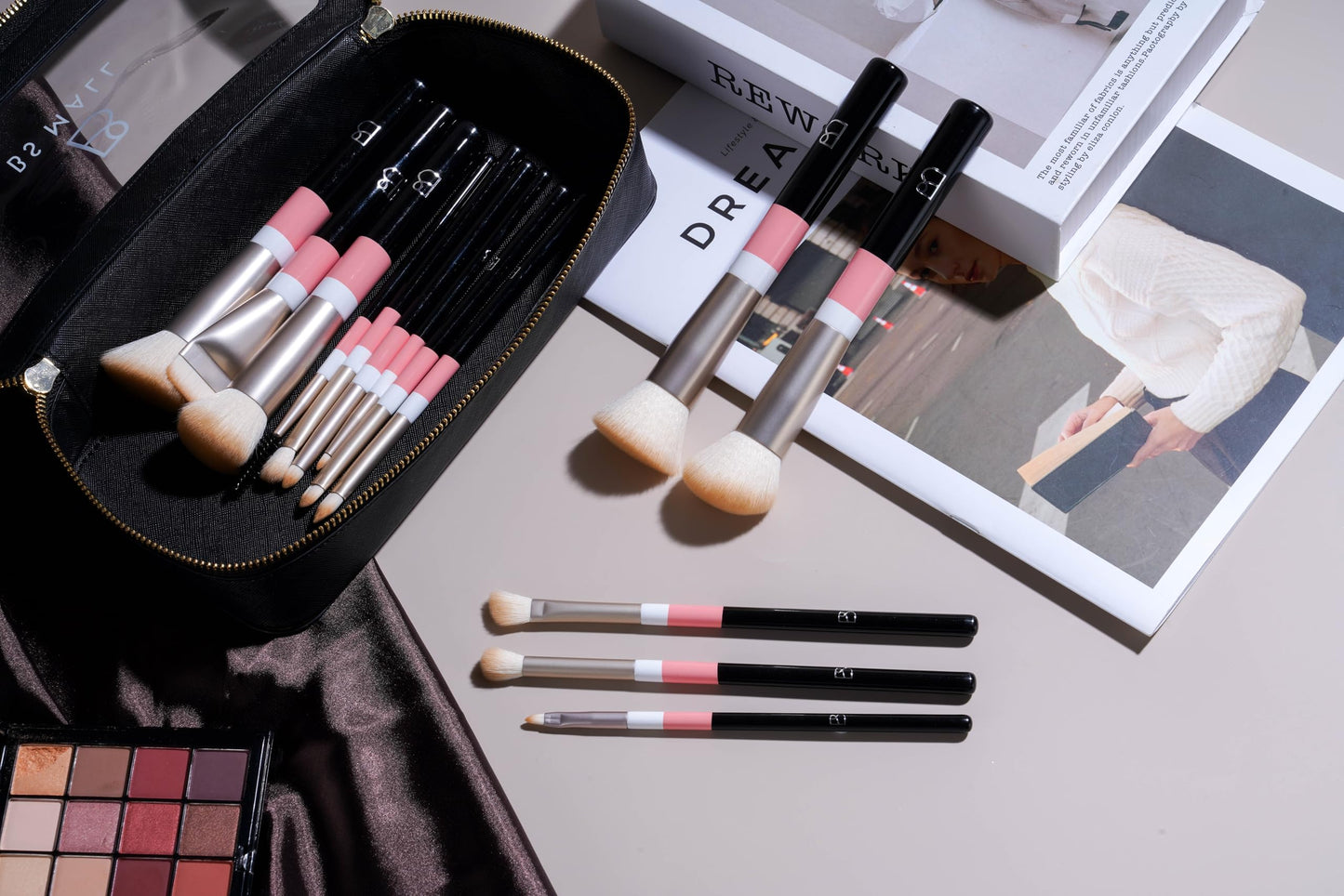 BS-MALL Makeup Brushes Set with Bag 14 Pcs, Travel Friendly Brush Set for Women, Powder Blush Eyeshadow Concealer Foundation Brush, Multi Purpose Daily Use Makeup Brush Kit