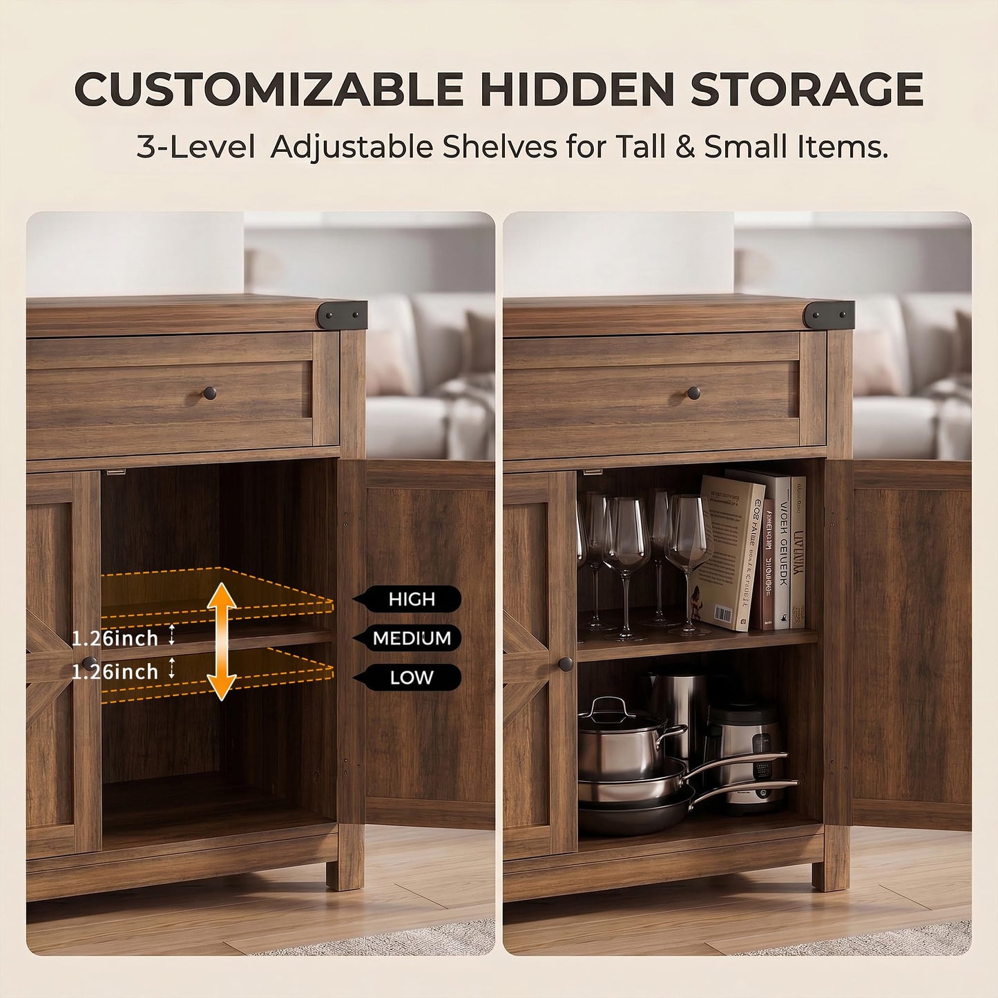 YESHOMY Kitchen Storage Cabinet, Coffee Bar Cabinet, Farmhouse Sideboard Buffet with Storage, Barn Door Accent Cabinet with a Drawer and Adjustable Shelf for Dining Room, Entryway, Rustic Brown, 2 PCS