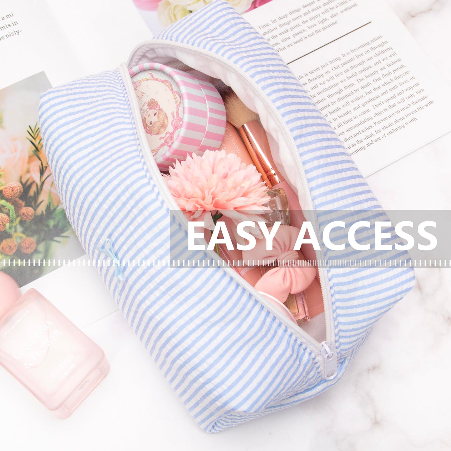 PAZIMIIK 6PCS Cozy Makeup Bag SET Travel Cosmetic Bag for Women Soft Toiletry Bag Aesthetic Makeup Organizer Portable Large Zipper Pouch for Skincare Beauty Accessories Brushes Stripe Blue