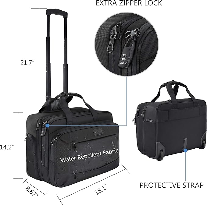 KROSER Rolling Laptop Bag for Men Women, Rolling Laptop Wheeled Briefcase for Business Fits Up to 17.3 Inch Laptop, Water-Repellent Wheeled Computer Bag Roller Case with RFID Pockets for Travel