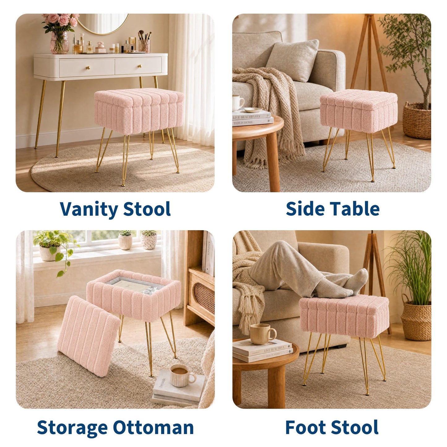 Garvee Vanity Stool with Storage, Faux Fur Ottoman with Metal Legs and Anti-Slip Feet, 15.7 x 11.8 x 18.7 Inches Soft Furry Padded Seat Foot Rest for Makeup Bedroom Living Room