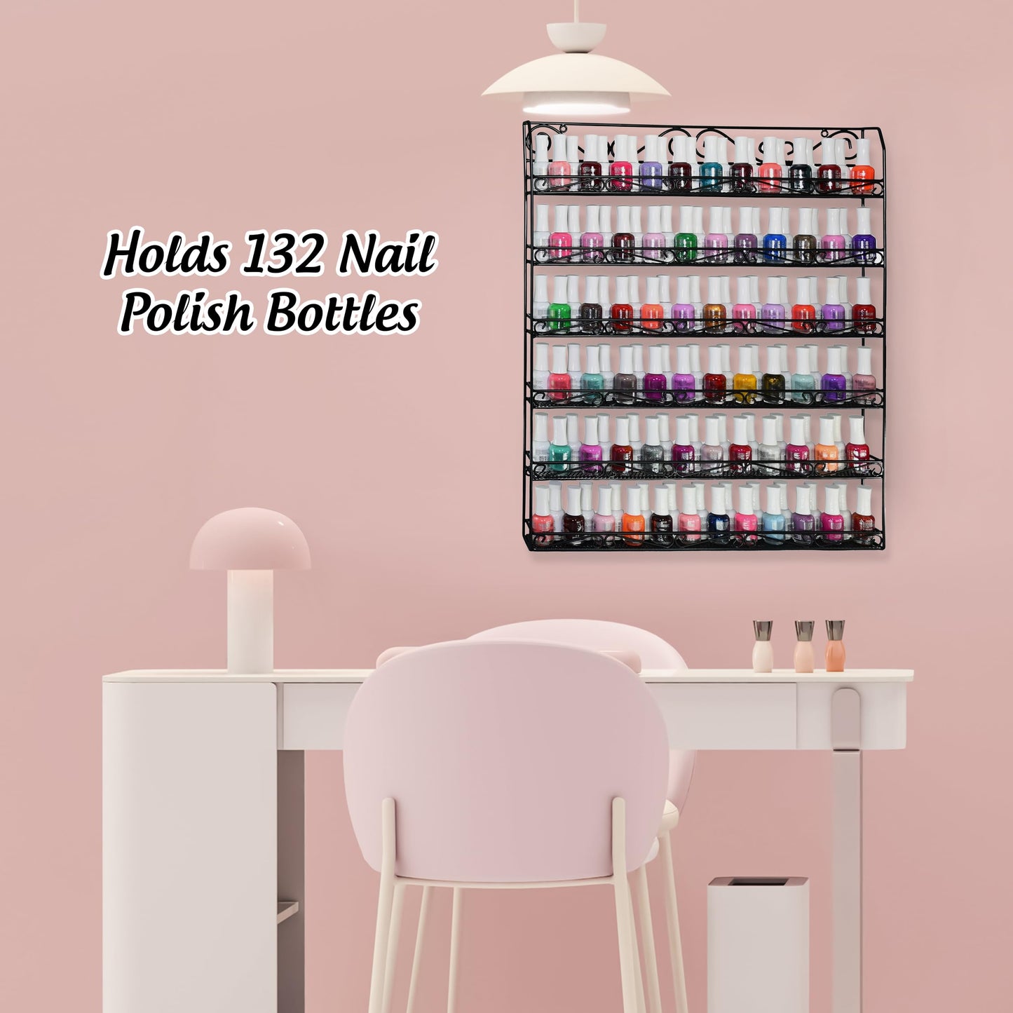 AMT 6 Tier Metal Nail Polish Racks for The Wall, Up to 132 Bottles, Clear Quality Nail Polish Display, Essential Oils Organizer (132 Bottles or 60 Jars - Black)