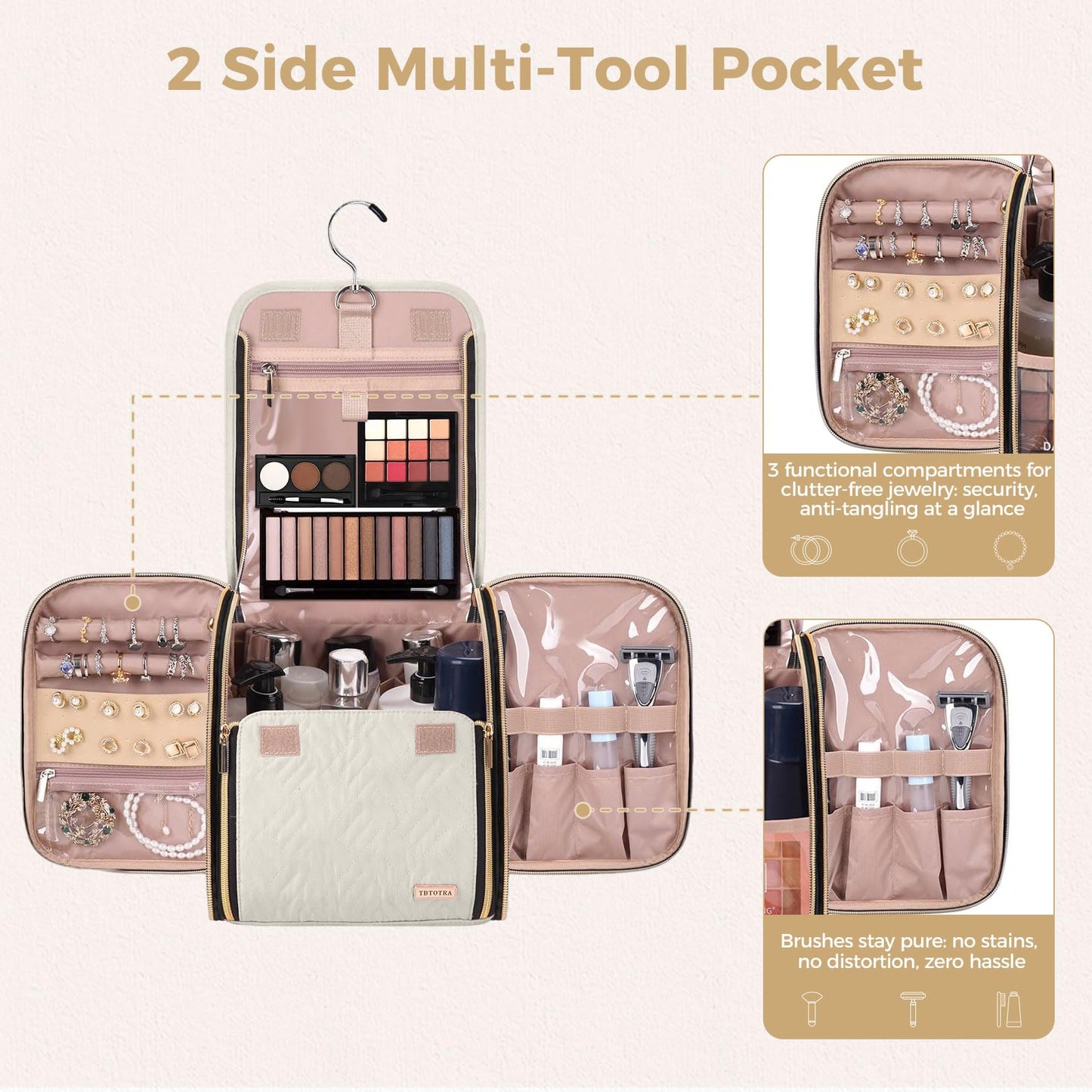 TBTOTRA Hanging Toiletry Bag & Makeup Bag for Women with Jewelry Organizer - TSA Approved Large Capacity Travel Cosmetic Organizer, Waterproof Shower Essentials Case with Transparent Pockets, Beige