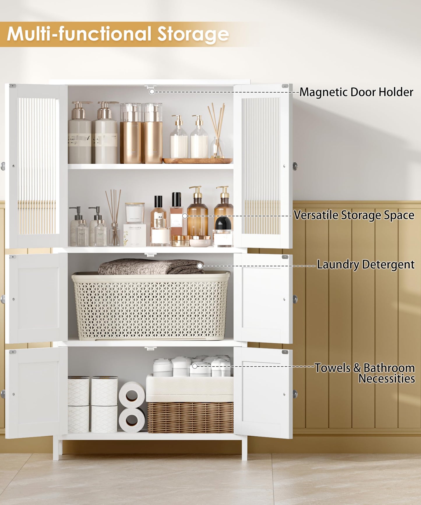 Akxomel 43.3'' H Bathroom Storage Cabinet, Bathroom Floor Cabinet with 6 Doors, Linen Cabinet with Transparent Doors, Modern Bathroom Cabinet for Living Room, Kitchen, Entryway, White