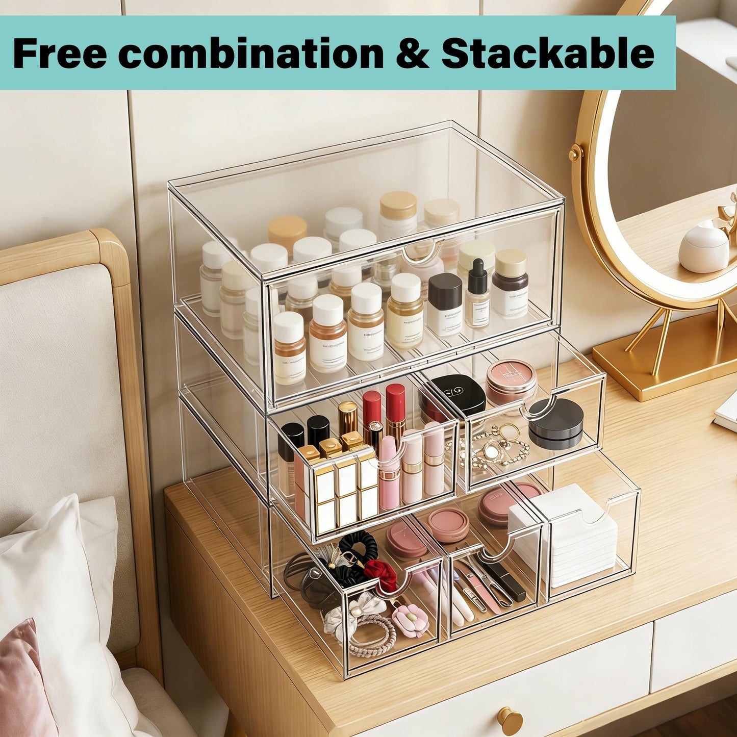 Prsildan Acrylic Makeup Organizer, 2 Pack Stackable Clear Storage Drawers for Baby Bottles Desk Organizers with 2 Drawers for Countertop Vanity Nursery Modular System for Cosmetics Jewelry