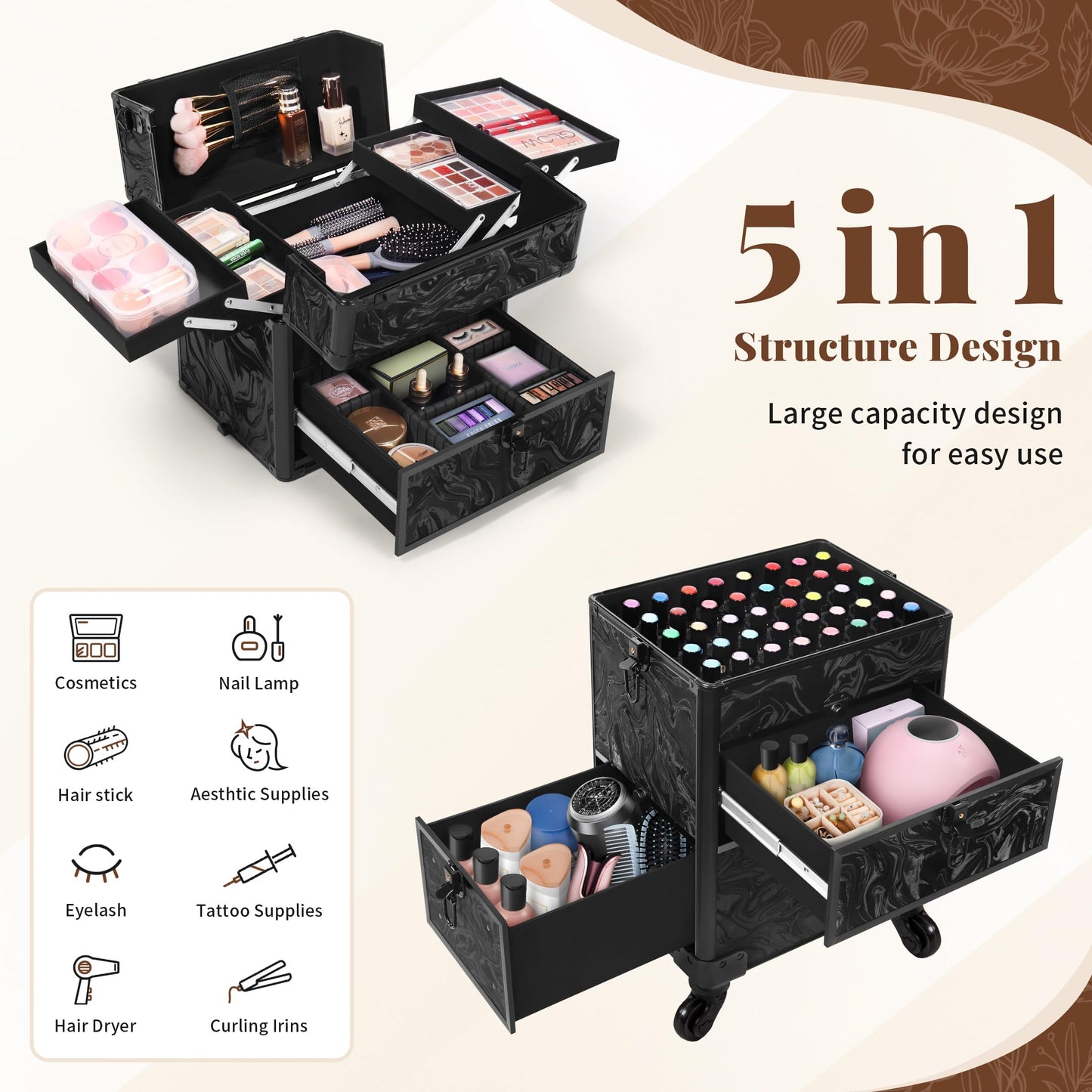 AROUS Rolling Makeup Case with 3 Drawers, Cosmetology Case on Wheels 5 IN 1 Makeup Train Case Make Up Organizer for Artist Salon Nail Teach Trunk,Ink