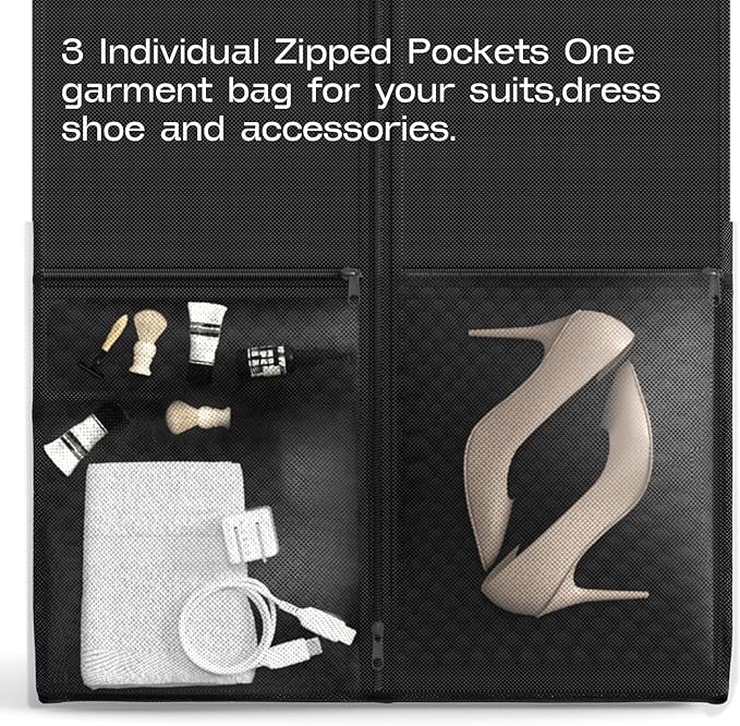 2 Pack Heavy Duty Garment Bags for Travel Suit Bags, Dress Bags, Garment Bags for Hanging Clothes with Pockets Men's Suit Holder for Cospaly, Shirts, Coats, Dresses (Black, 2Pack 43")