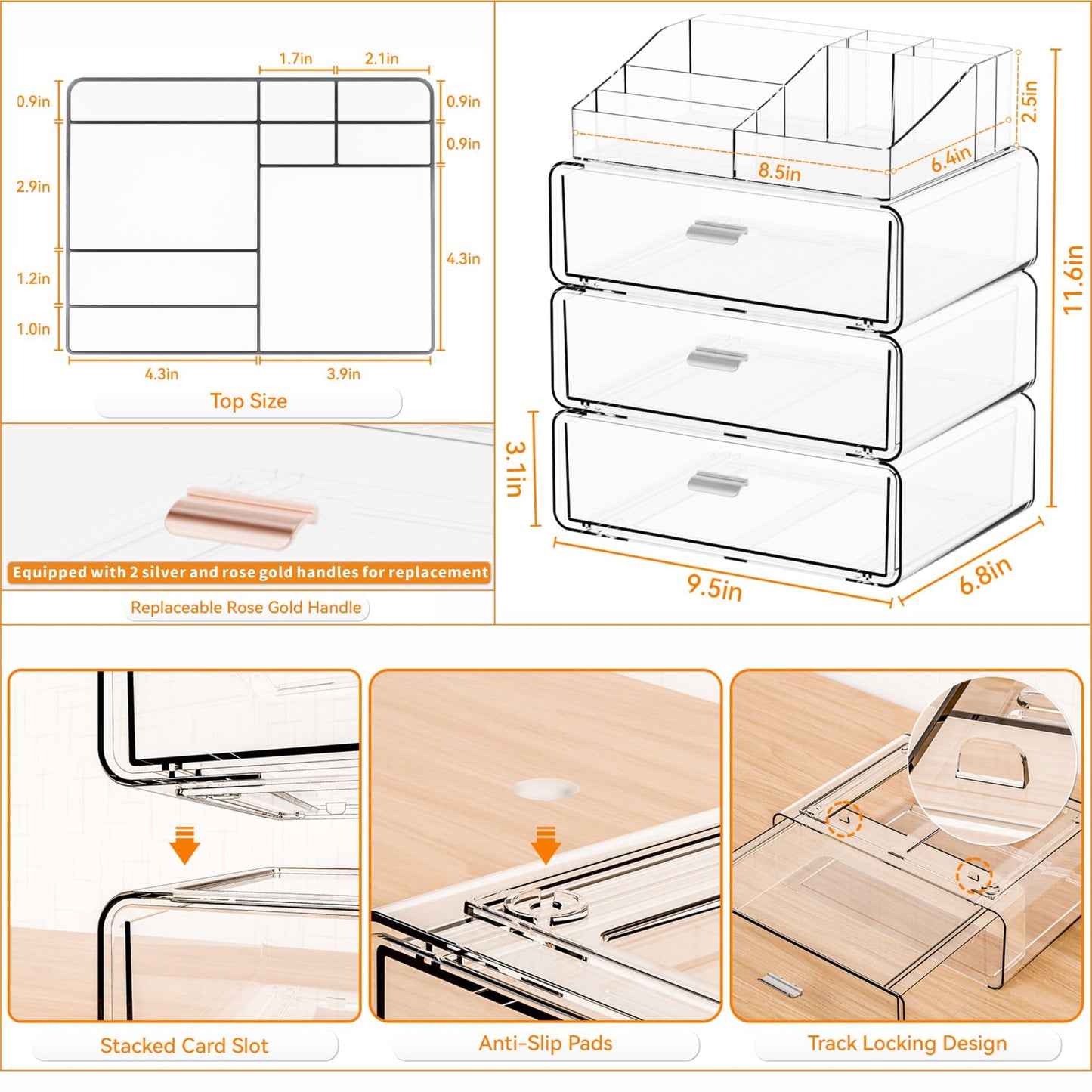 Yieach Clear Acrylic Makeup Organizers Countertop for Dresser,Desk,Bathroom Vanity,4 Tier Stackable Make up Holders and Makeup Cabinet,Tiered Cosmetic Storage and Make up Containers for Palette,Brush