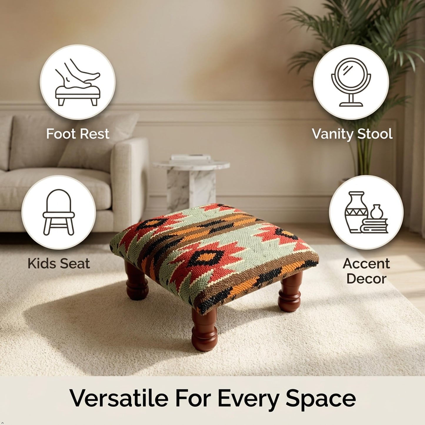 Sanwariya Rugs Kilim Upholstered Ottoman Foot Bench Acacia Wood Tribal Pattern