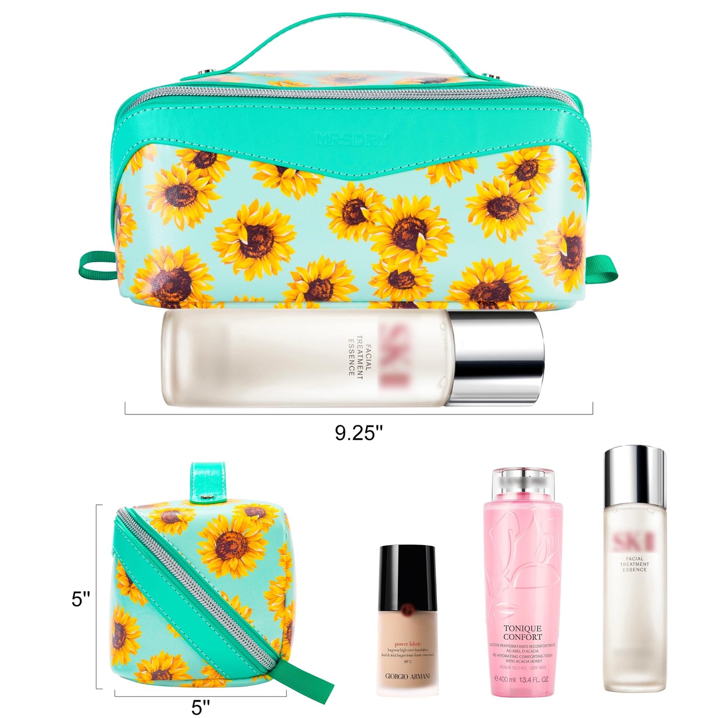 Mrsdry Travel Makeup Bag，Large-capacity waterproof cosmetic bag，Travel bags and toiletries bags for women，PU leather material，Multi-zone and large opening design (Sunflower)
