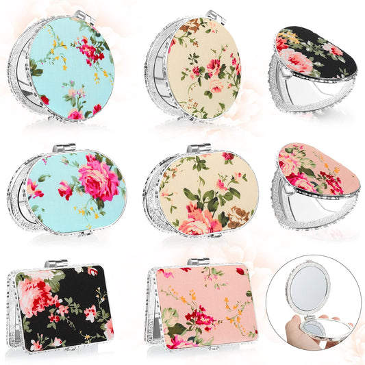Blulu 8 Pieces Compact Mirror Bulk for Purse Flower Small Floral Retro Folding Portable Pocket Mirror Makeup Vintage for Mother's Day Women Travel Tea Party Birthday Gift(Silver Edge)
