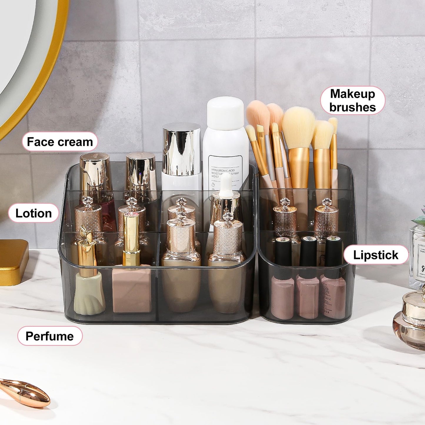 DASITON 3 Slots Makeup Brush Holder, Acrylic Make Up Brush Holder Organizer for Vanity, Bathroom Countertop, Small Makeup Organizer Brush Cup Cosmetic Brushes Storage, Pen Holder for Desk (Grey S)