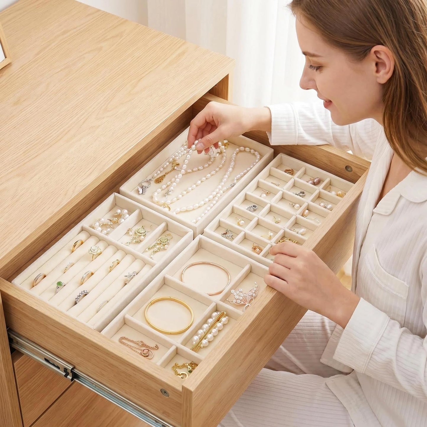 AIRZSNRY Velvet Jewelry Organizer for Drawer, Stackable Jewelry Drawer Inserts in Dresser, 8in Beige Storage Display Case for Rings Stud Necklaces Accessories, Set of 4