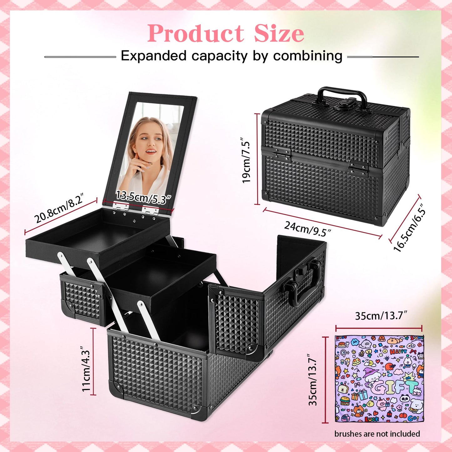 GALHUBIS Makeup Train Case, Portable Makeup Case with Mirror, 2-Trays Cosmetic Organizer Case,Nail Polish Organizer, Travel Makeup Box, Profesional for Salon Barber, Black