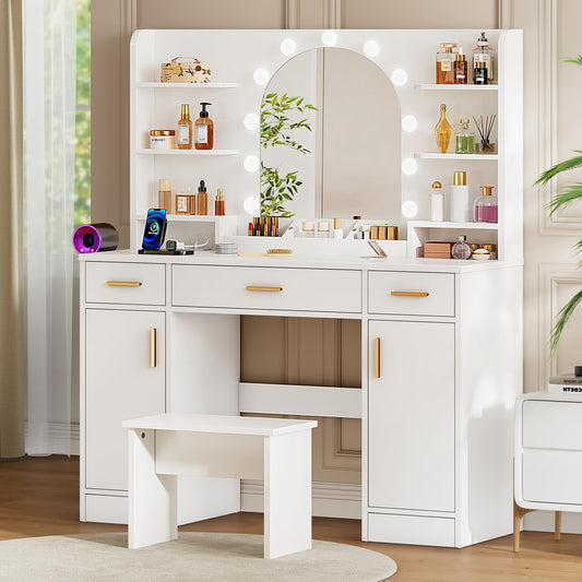 Decofy 43'' White Vanity with 11 LED Lights & Mirrow, Makeup Vanity Table with Power Outlets, Chair & Hair Dryer Holder, Dressing Table with Drawers & Cabinet