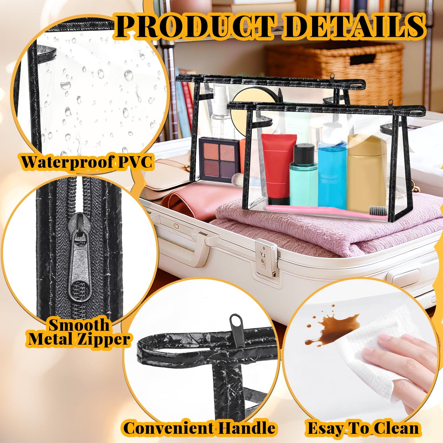 YedsIntu 8 Packs Clear Makeup Bags Cosmetic Bags Bulk Transparent Toiletry Bag Waterproof PVC Organizer Storage Pouches with Zipper for Men and Women Carry-on Travel Essentials (Black)