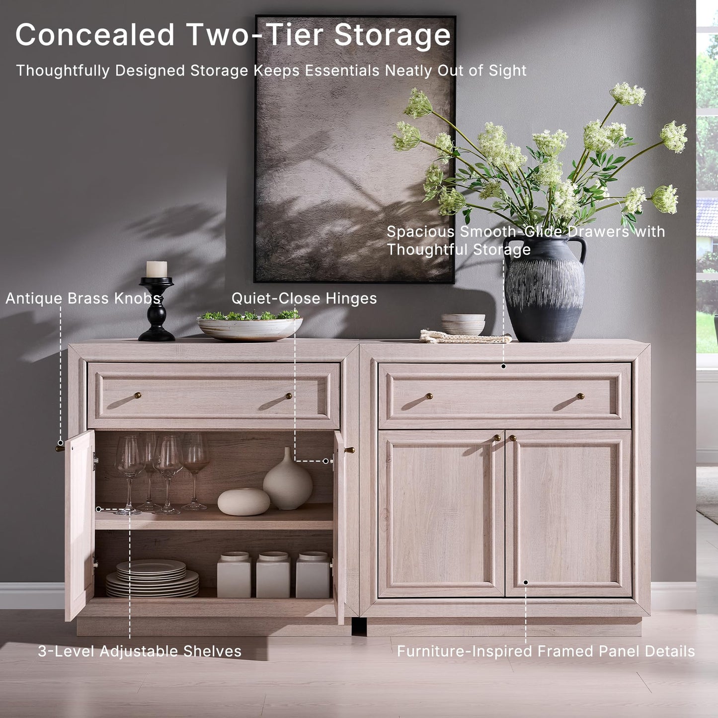 ACCOHOHO Modern Farmhouse Buffet Cabinet, 126" Sideboard Credenza, Modular Storage Cabinet with Framed Panel Fronts, Adjustable Shelves & Dual Base Design, White Alder