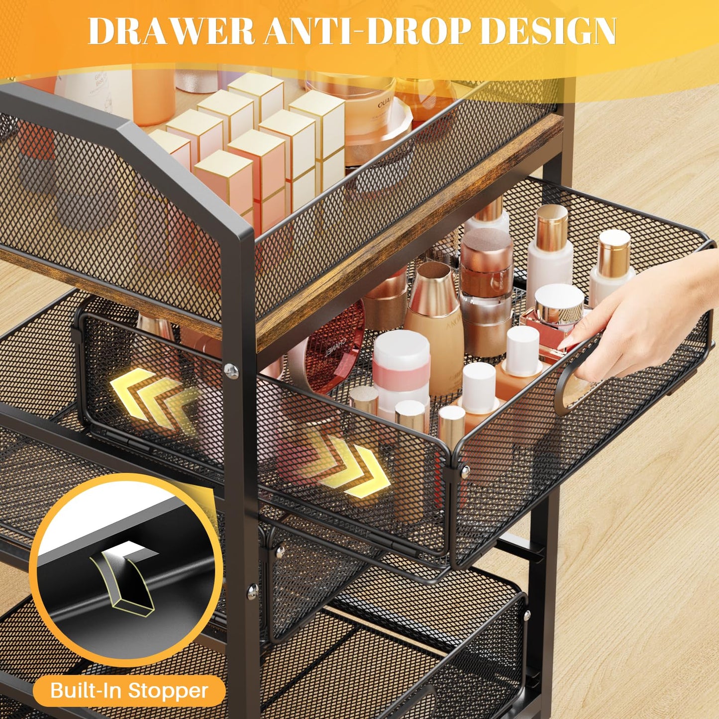 SUNALLY Makeup Organizer Cart with 4 Drawers, Rolling Makeup Storage Cart Metal Skincare Organizers, Large Vanity Storage Organizer Cosmetics Display Cases for Skin Care Perfume Nail Polish, Black