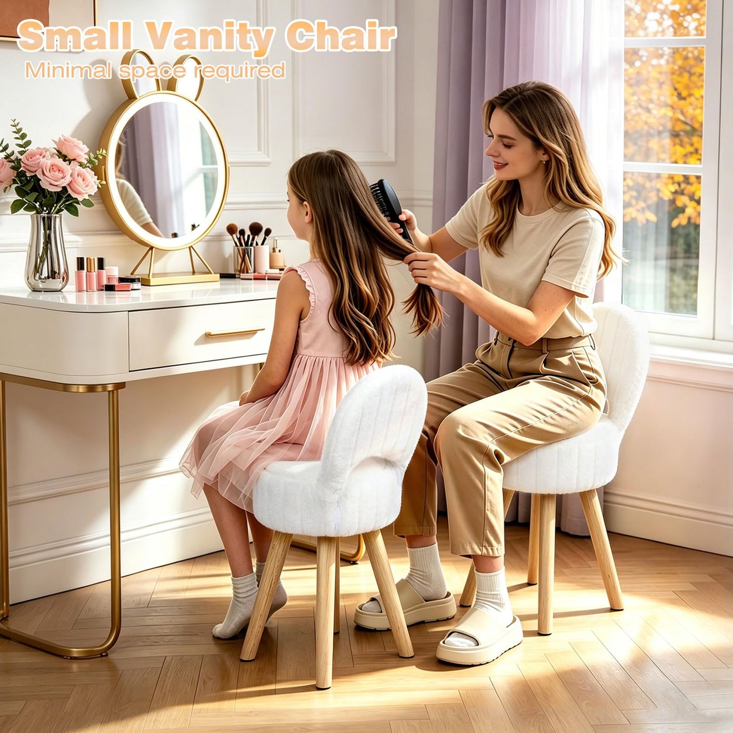 KANEODOT Vanity Stool with Storage & Folding Back,11.8“ D x 12.9” W x 27.9" H Round Faux Fur Cute Vanity Chair with 4 Solid Wood Legs,Comfy Small Makeup Ottoman for Living Room,Bedroom,Closet,White