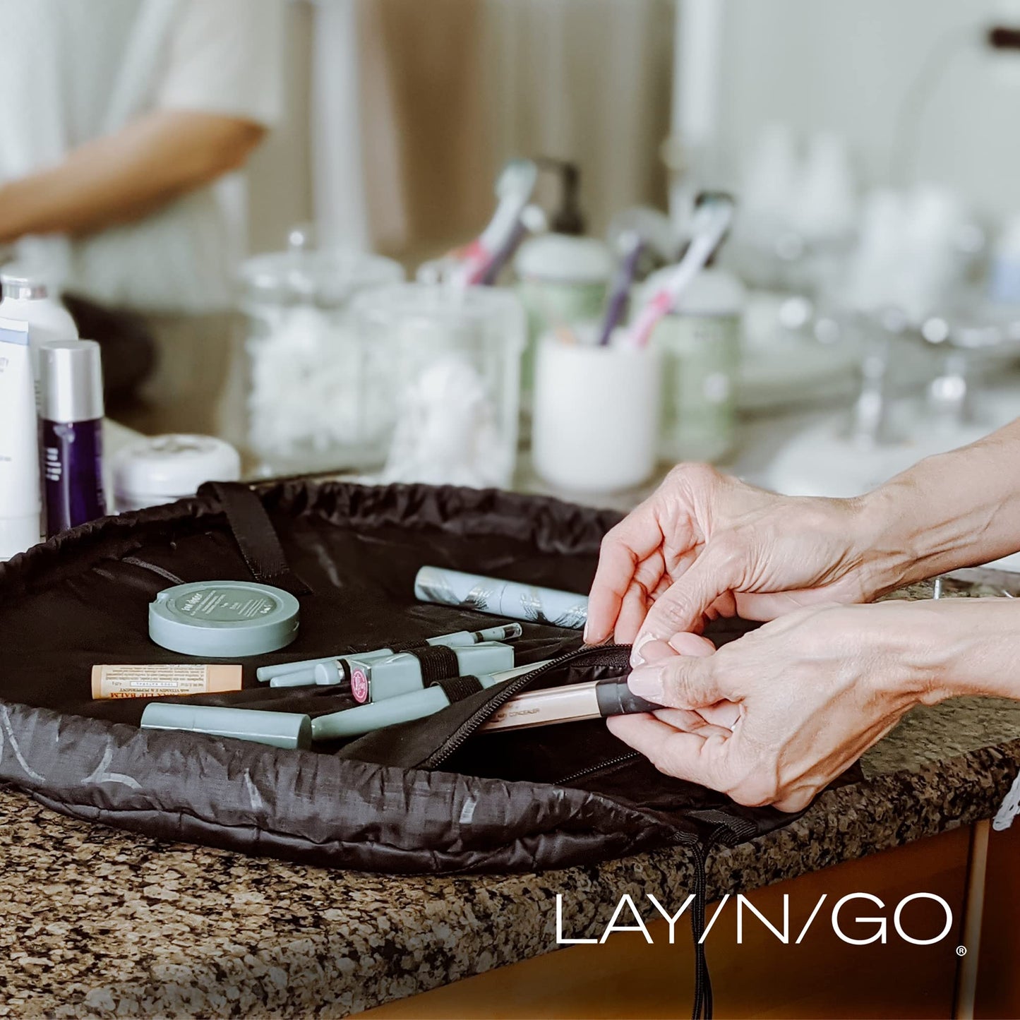 Lay-n-Go Cosmo Drawstring Cosmetic & Makeup Bag Organizer - Portable Drawstring Makeup Bag w/Zipper Pocket, Makeup Loops & More - Durable, Machine Washable Toiletry Bag (20", Comfort/Blue)
