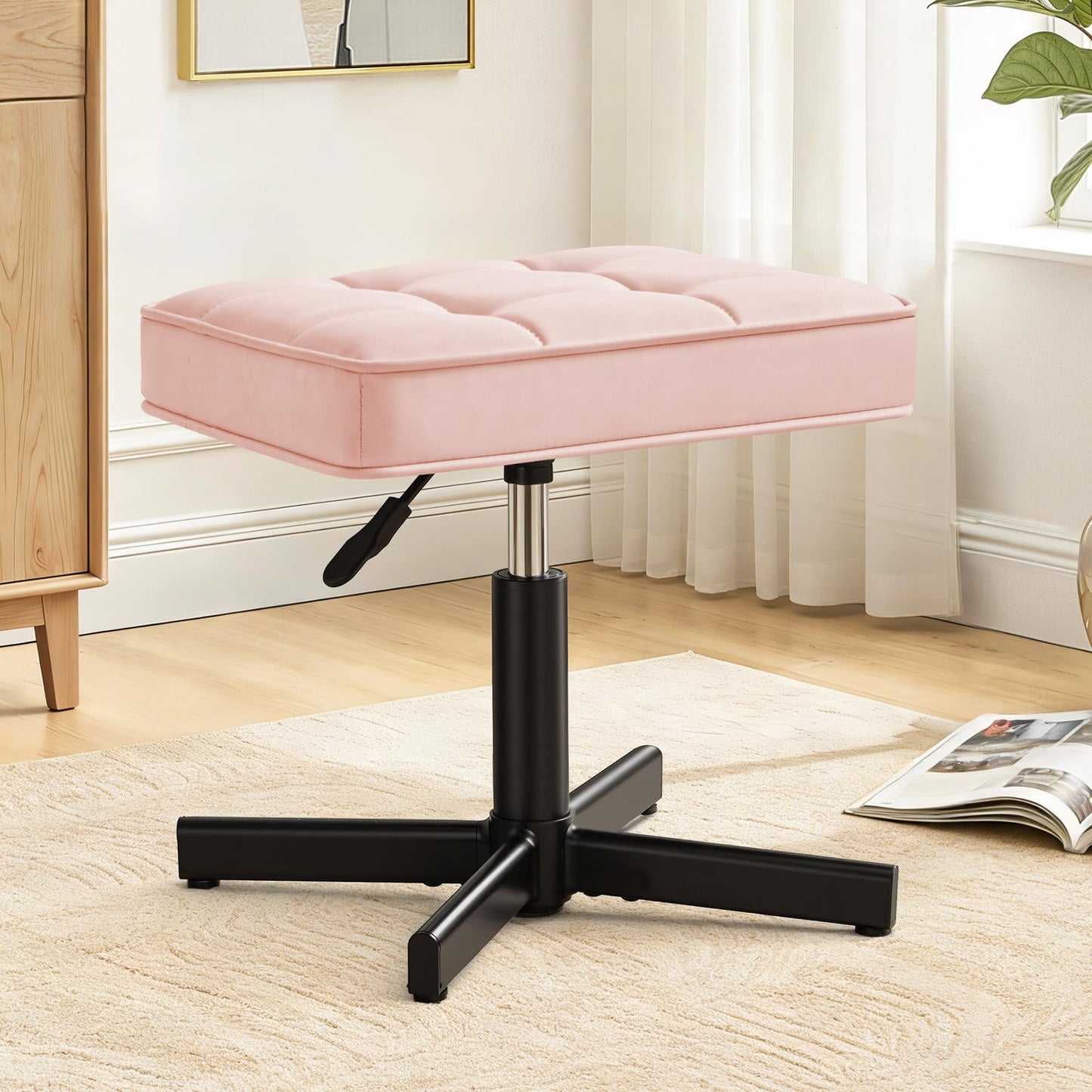 LUE BONA Adjustable Vanity Stool, 15''-19.5'' Foot Rest Under Desk, 360° Swivel Vanity Chair for Makeup Room, Pink Upholstered Faux Leather Ottoman for Bathroom & Living Room, 300lbs